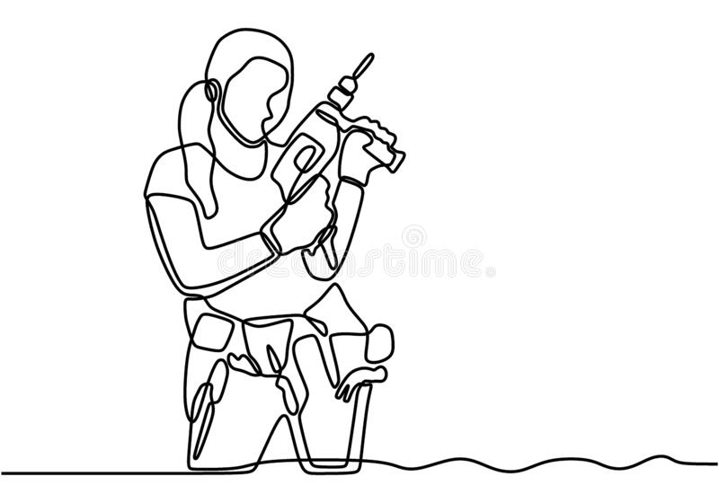 One Line Drawing Happy Girl Handyman Carrying Tools Holding Drill Machine Woman Repair Construction Maintenance Service 183307964