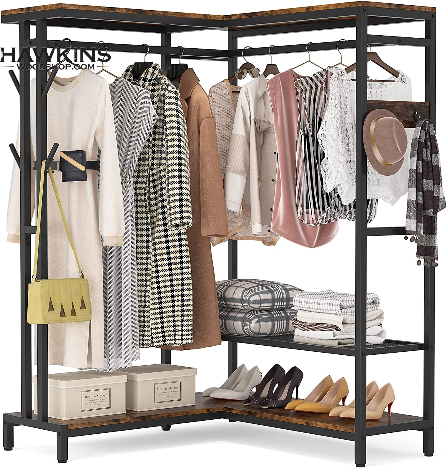 86 inches Double Rod Closet Organizer, Tall Freestanding 3 Tiers Shelves  Clothes Garment Racks