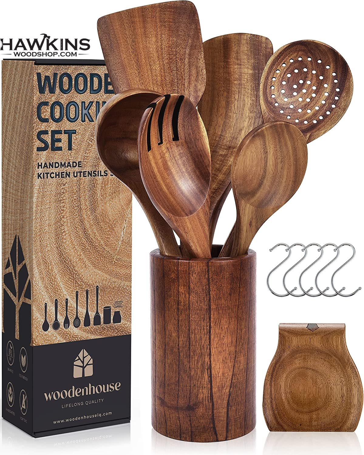 Wooden Spoons for Cooking – Wooden Utensils for Cooking Set with Holder &  Spoon Rest, Teak Wood Spoons and Spatula, Nonstick Natural Kitchen Cookware