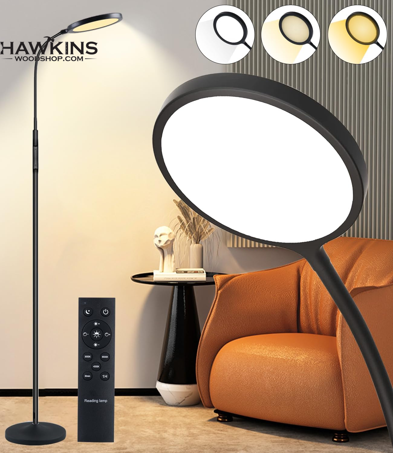 White Floor Lamp, Super Bright Dimmable Led Floor Lamps for Living Room,  Custom Color Temperature Standing Lamp with Remote Push Button, Adjustable  Gooseneck Reading Floor Lamp for Bedroom 