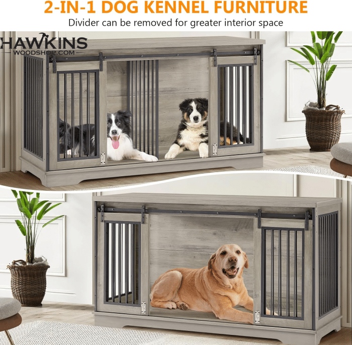 2 In 1 Double Dog Crate Furniture with Divider 60.6 Inch Grey Sturdy Dog Kennel TV Stand with 2 Sliding Doors and Thick Iron Door Frame for 2 Dogs HawkinsWoodshop