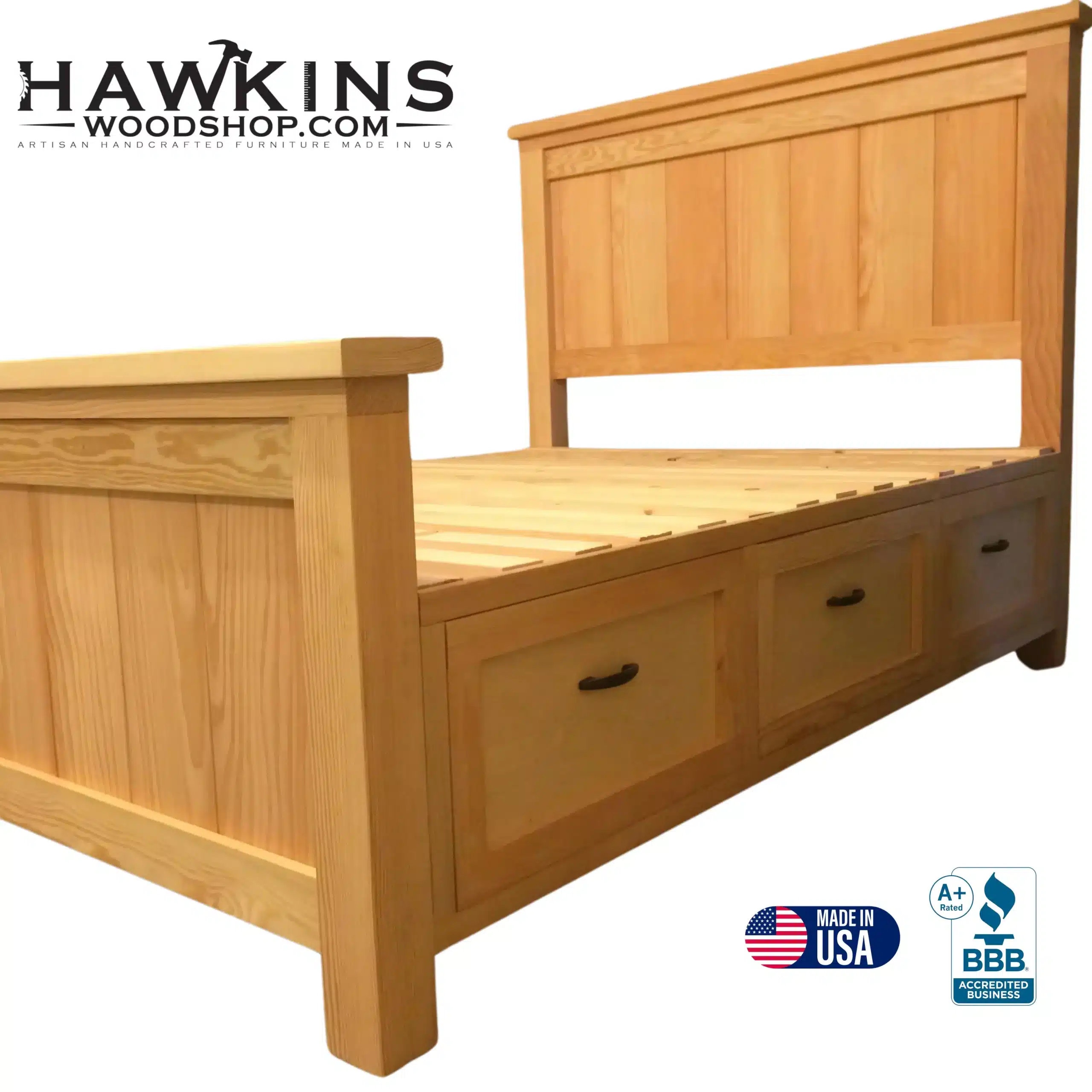 Solid Wood Bed with 3 Drawers Storage, Made to Order, Made in USA, Custom Bed